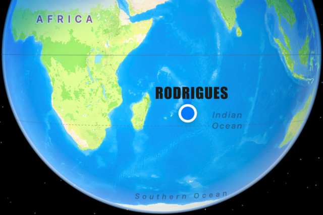Rodrigues — tiny island in the Indian Ocean. Rodrigues is part of Mauritius.